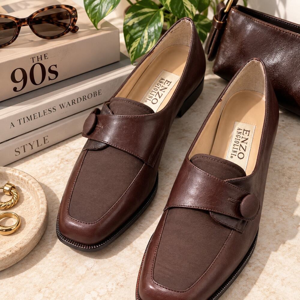 Vintage 90s Enzo Angiolini Brown Leather Woven Inset Loafers, Women's 7.5M